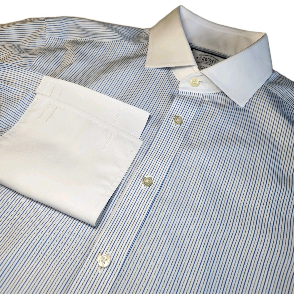 CHARLES TYRWHITT Dress Shirt Mens 16/36 Slim White Stripe French Cuff Non-Iron